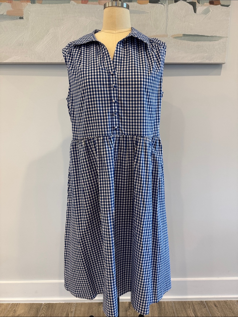Sleeveless Blue Gingham Button-Front Dress- Frenc Connection- NWT Size Large